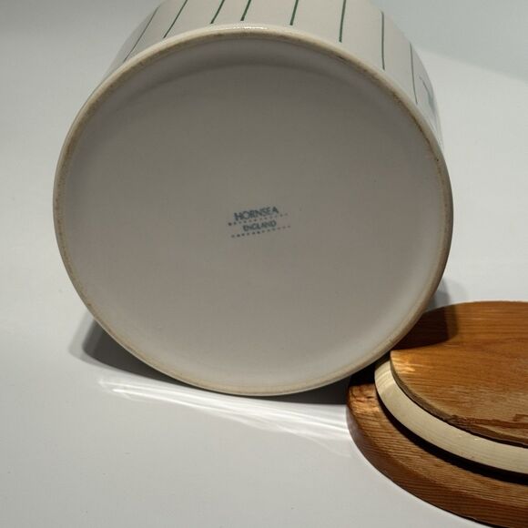 Hornsea Pottery England Green Stripes Tea Canister White Retro Wood Top MCM Jar - Picture 7 of 9